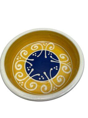 Handcrafted Ceramic Bowl Yellow & Blue With Decorative Swirls 10" Diameter C71